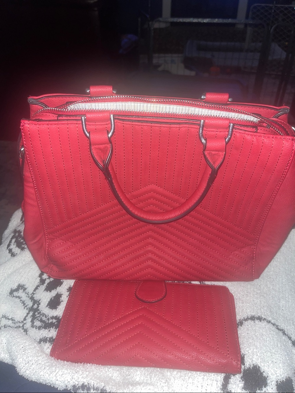 INC International Concepts Red Quilted Chevron Satchel Bag Wallet Set